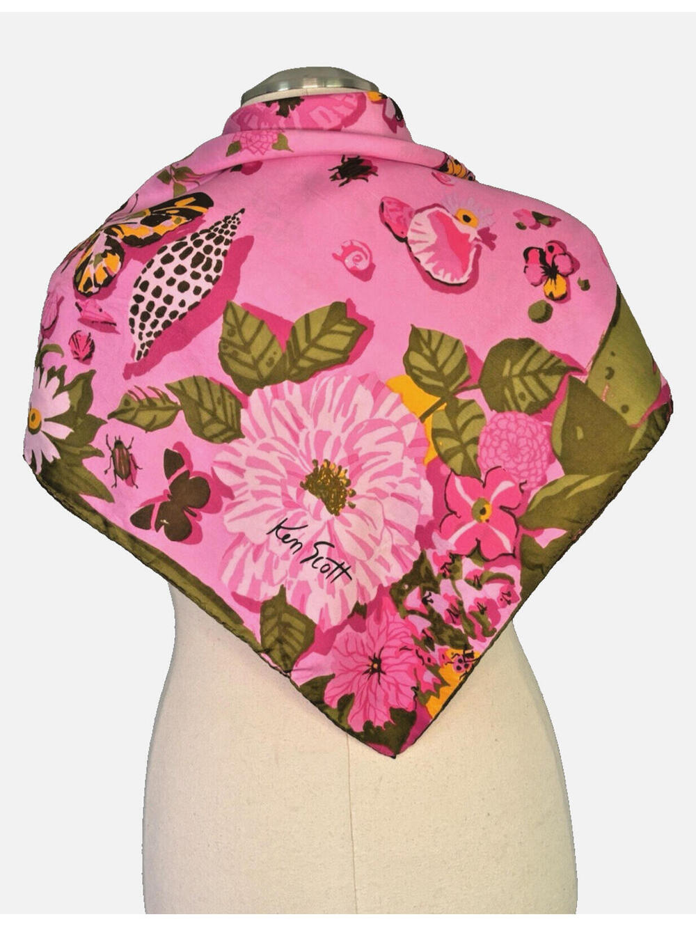 Vtg 1970's Ken Scott Signed Italy Silk Scarf Pink Floral Butterfly 34" Sq EUC